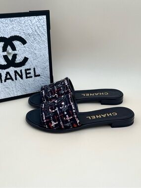 CHANEL Black Tweed Slide Mules with Multi-Color Accents